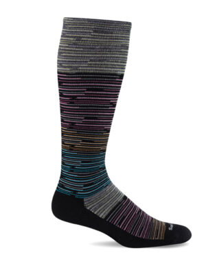 Sockwell Kompressionssocken mit Merinowolle in schwarz mit farbigen Streifen und Punkten, Kompression entspricht Klasse 1