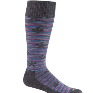 Sockwell Kompressionssocken mit Merinowolle in grau mit blau/rosa Streifen und Blumen, Kompression entspricht Klasse 1
